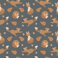 Seamless pattern with cute foxes, autumn leaves and hearts